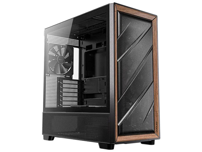 Antec Flux ATX, Black Premium Walnut Trim, 5x Black PWM Performance Fans. Ultra Cooling Design, ARGB Controller, Mid Tower Case