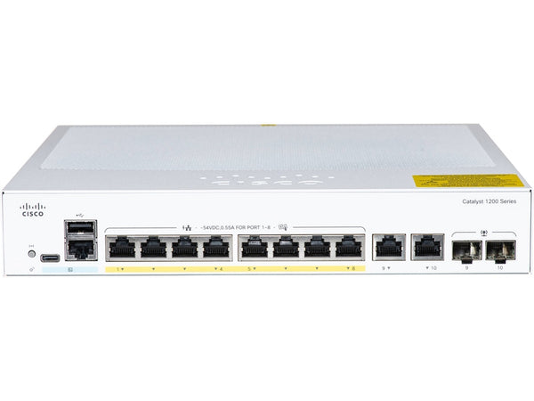 Cisco Catalyst 1200, 8-Port Managed Switch with 8 Gigabit Ethernet PoE+ with 120W Power Budget and 2 Gigabit Copper/ SFP Combo Ports