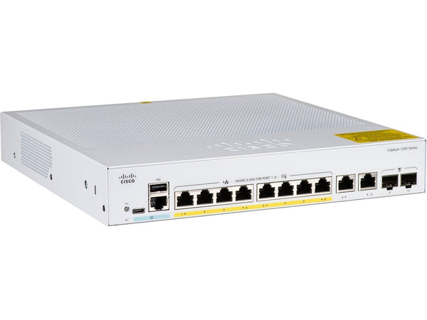 Cisco Catalyst 1200, 8-Port Managed Switch with 8 Gigabit Ethernet PoE+ with 120W Power Budget and 2 Gigabit Copper/ SFP Combo Ports