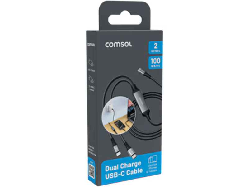 2m USB-C to 2 x USB-C Dual Charge Cable 100W - C2C15BK