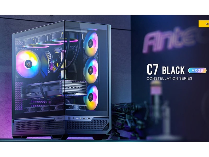 Antec C7-ARGB ATX,E-ATX Panoramic 270 View, USB-C, 4x ARGB PWM Fans. Side Radiator RTX 5090, 7900x, Back Connect MBs, Flip Door, Black Case