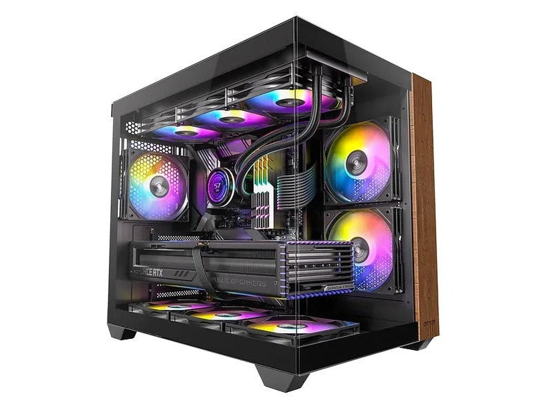 OKINOS M6 ARGB ATX Genuine Walnut Wood, Panoramic View, Type-C, 4 x120mm ARGB & PWM Fans included,Tempered Glass Side Panel, Black, Case