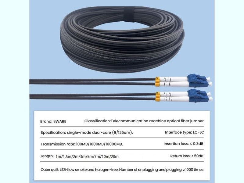 8ware 2m LC-LC OS2 Single Mode Dual-Core Fibre Optic Cable UPC Duplex Armoured Low Smoke Zero Halogen LSZH Jacket Black
