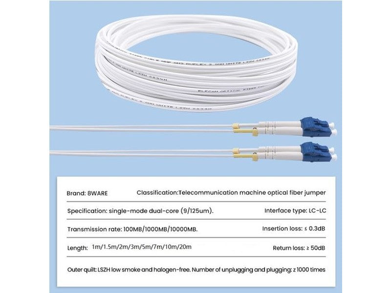 8ware 20m LC-LC OS2 Single Mode Dual-Core Fibre Optic Cable UPC Duplex Armoured Low Smoke Zero Halogen LSZH Jacket White