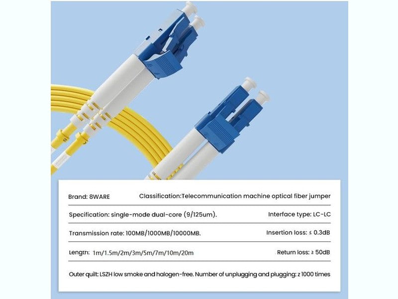 8ware 1m LC-LC OS2 Single Mode Dual-Core Fibre Optic Cable UPC Duplex Armoured Low Smoke Zero Halogen LSZH Jacket Yellow