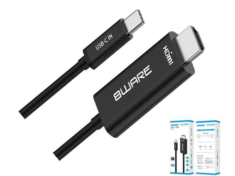 8ware 1m USB-C to HDMI 4K Male to Male Adapter Converter Cable Retail Pack for PC Notebook iPad MacBook Pro/Air Surface Dell XPS to Monitor Projector