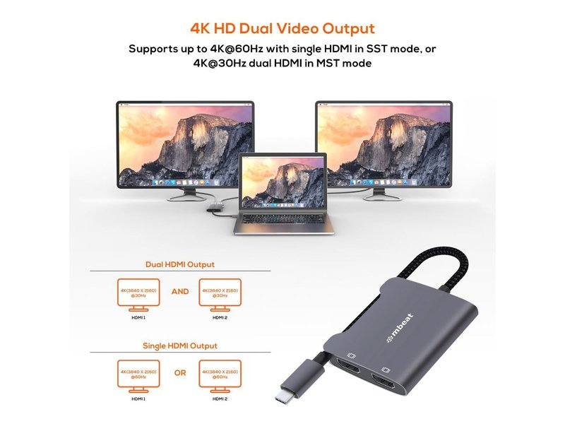 mbeat Tough Link USB-C to Dual 4K HDMI Adapter - Space Grey