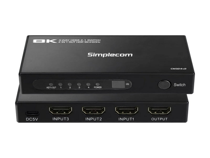 Simplecom CM324v2 4-Port HDMI 2.1 Switch 4 IN 1 OUT Splitter HDCP 2.3 8K@60Hz