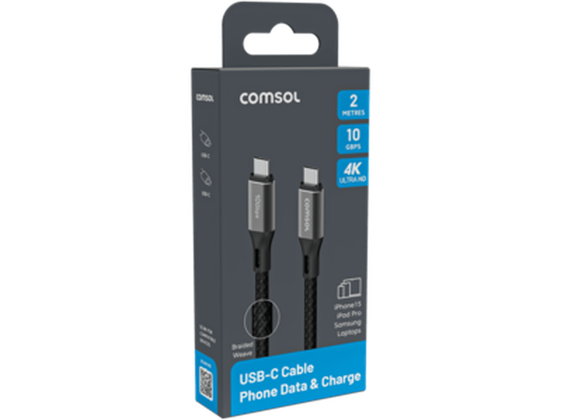 Comsol 2m USB-C to USB-C Silicone + Fabric Cable 10Gbps - CC1020BK