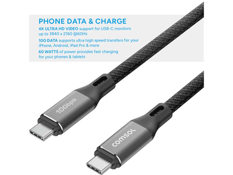 Comsol 2m USB-C to USB-C Silicone + Fabric Cable 10Gbps - CC1020BK