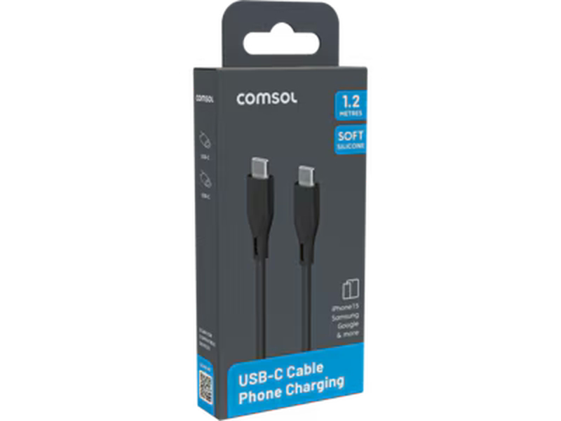 COMSOL 1.2M USB-C TO USB-C SUPER SOFT SILICONE CHARGE & SYNC CABLE, BLACK - CCSS12BK