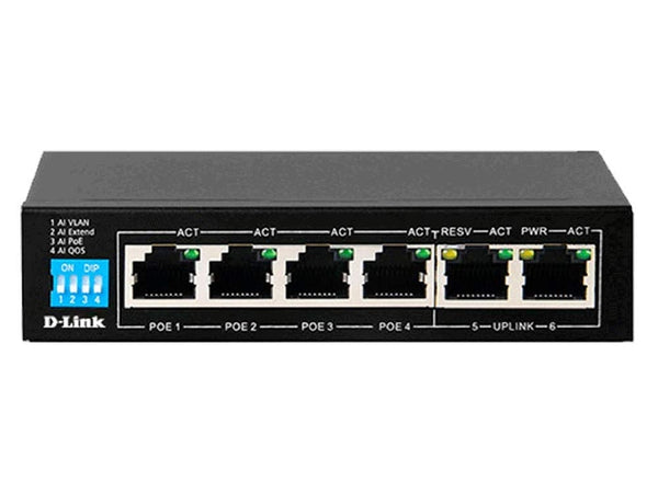 D-Link 6-Port Unmanaged PoE Switch with 4 PoE RJ45 and 2 Uplink RJ45 Ports