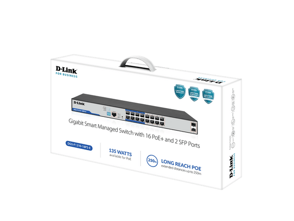 D-Link DGS-F1210 18-Port Gigabit Smart Managed PoE+ Switch with 16 PoE RJ45 and 2 SFP Ports