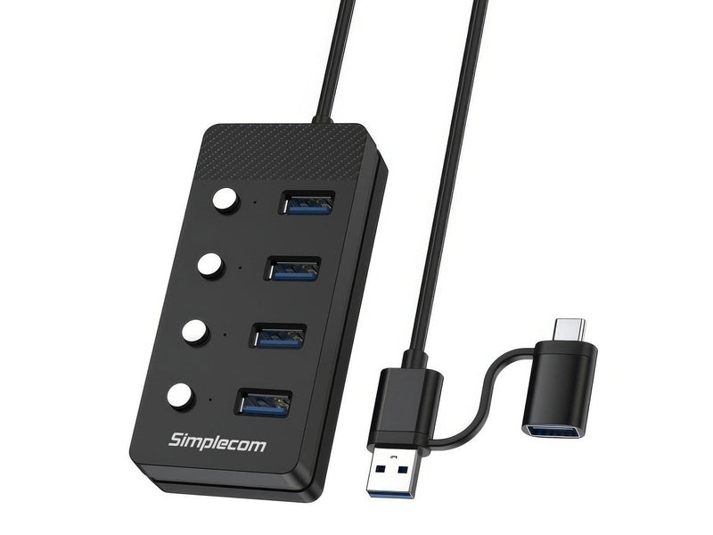 Simplecom CH345C SuperSpeed USB-A and USB-C to 4-Port USB 3.0 Hub 5Gbps Individual Switches and Power Adapter