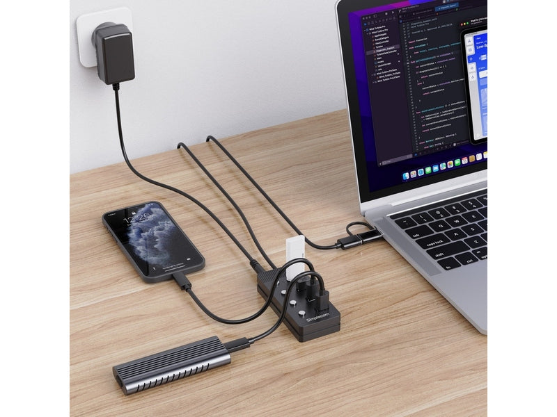 Simplecom CH345C SuperSpeed USB-A and USB-C to 4-Port USB 3.0 Hub 5Gbps Individual Switches and Power Adapter