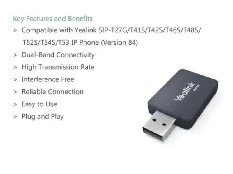 Yealink WF50 V1 Dual Band WiFi USB Dongle - SIP-T42U/T43U/T46U/T48U/T53 IP Phone, High Transmission Rate