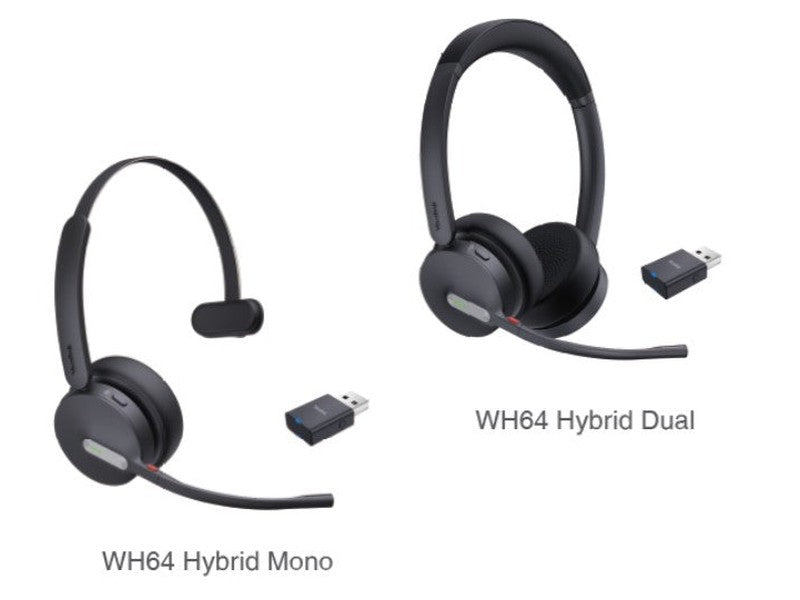 Yealink WH64 Hybrid Mono with Charging Stand DECT Wireless Headset, DECT & Bluetooth Hybrid Wireless 3-Mic Noise Cancellation, Dongle WDD60