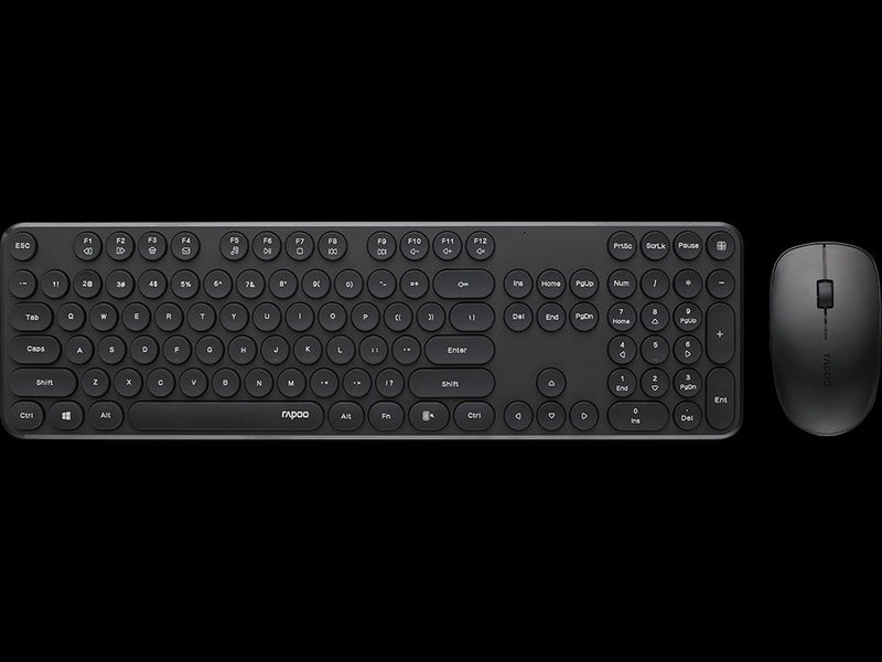 RAPOO Wireless Stylish, Spill-Resistant, Retro Style Round Key, 1000DPI, 2.4G Connection, 10M Range, Nano Receiver, Optical Mouse & Keyboard Black