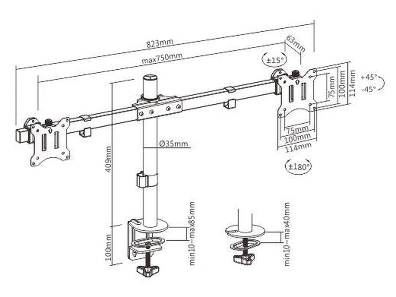 Brateck Pole Mount Dual-Screen Monitor Mount Fit Most 17"-32" Monitors, Up to 9kg per screen VESA 75x75/100x100