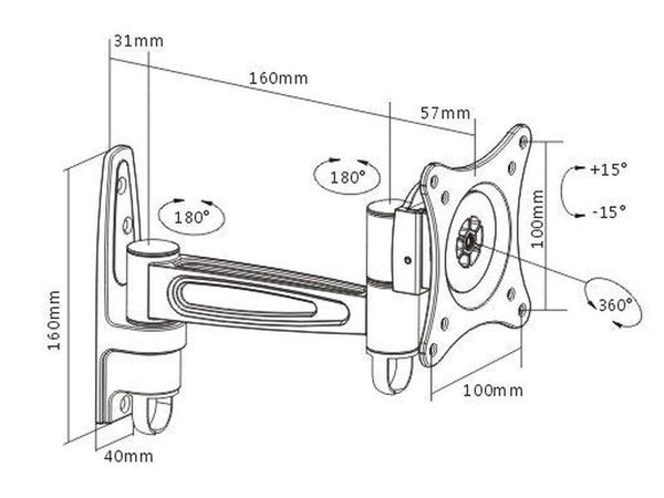 Brateck Single Monitor Wall Mount tilting & Swivel Wall Bracket Mount VESA 75mm/100mm For most 13''-27” LED, LCD flat panel TVs; up to 15kg