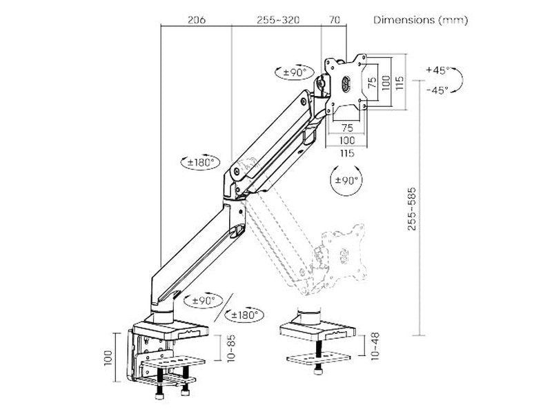 Brateck Single Monitor Heavy-Duty Gas Spring Aluminum Monitor Arm Fit Most 17"-35" Monitor Up to15kg per screen