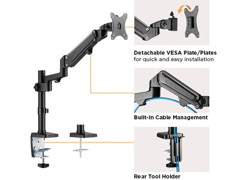 Brateck Single Monitor Heavy-Duty Aluminum Gas Spring Monitor Arm Fit Most 17" - 35" Monitors Up to12kg per screen VESA 75x75/100x100