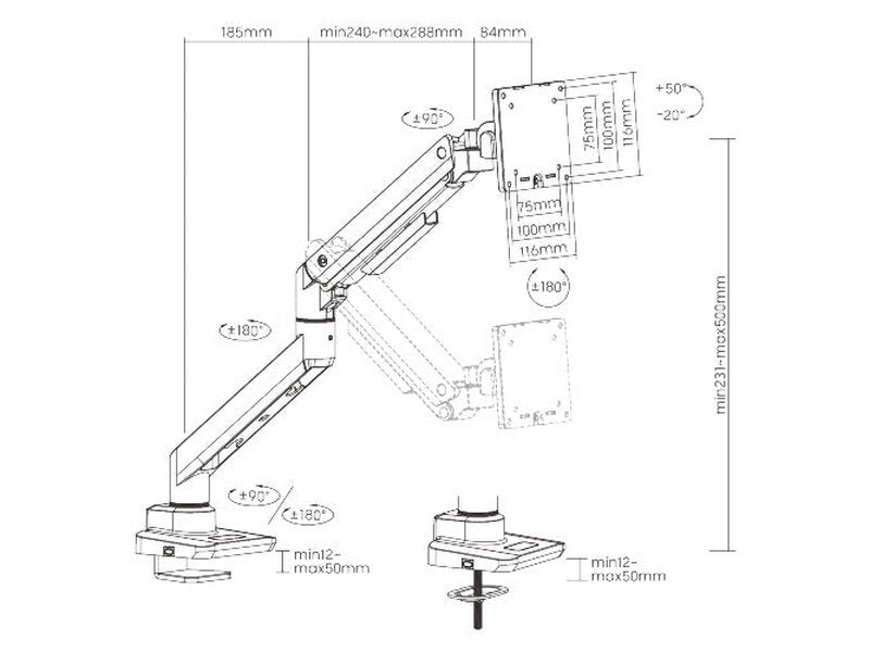 Brateck Fabulous Desk-Mounted Heavy-Duty Gas Spring Monitor Arm Fit Most 17"-49" Monitor Up to 20KG VESA 75x75,100x100 Black