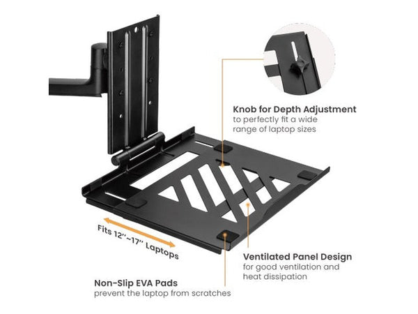 Brateck Adjustable Laptop Tray For Monitor Arms Fits12-17" with standard 75x75 VESA plate