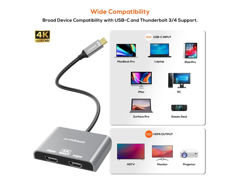 mbeat Tough Link USB-C to Dual 4K/60Hz HDMI MST Adapter - Space Grey