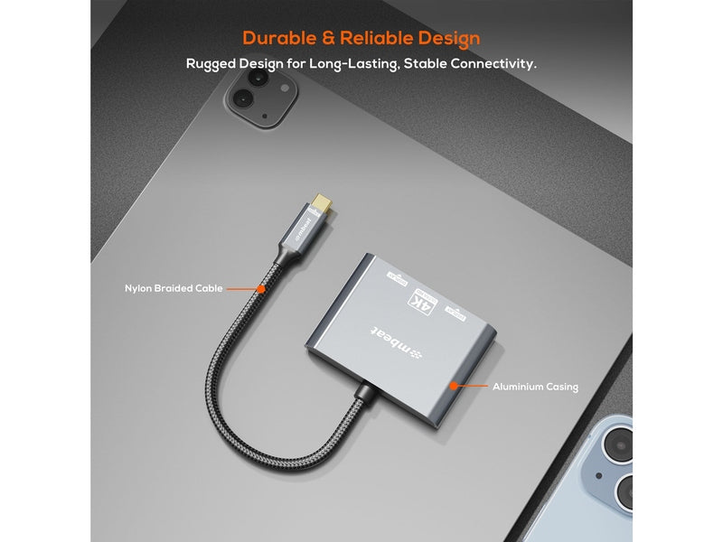mbeat Tough Link USB-C to Dual 4K/60Hz HDMI MST Adapter - Space Grey