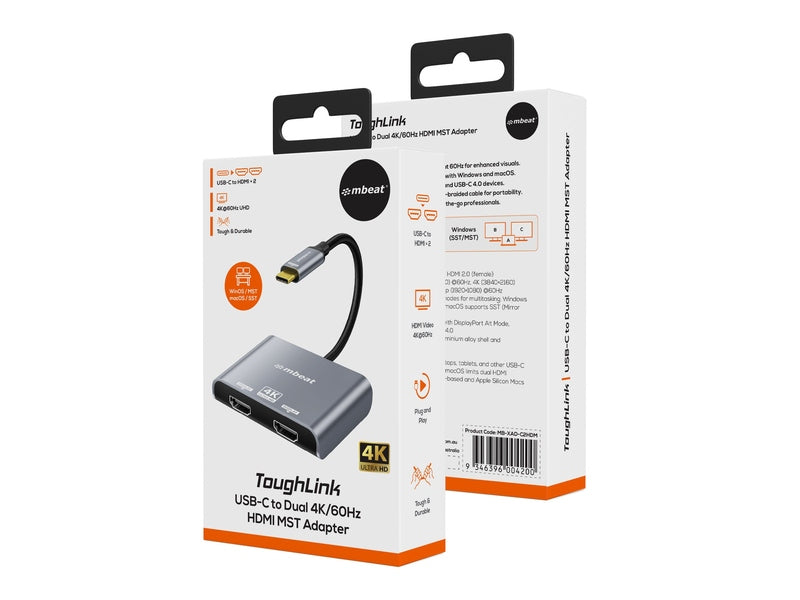 mbeat Tough Link USB-C to Dual 4K/60Hz HDMI MST Adapter - Space Grey