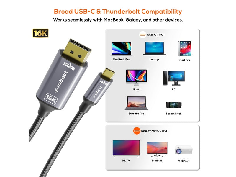 mbeat Tough Link 1.8m 16K USB-C to DP Cable - Space Grey