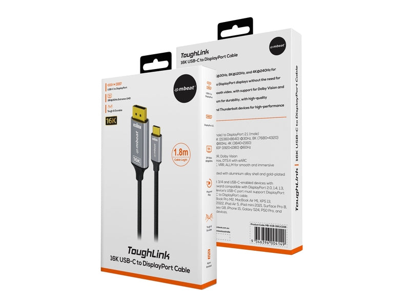 mbeat Tough Link 1.8m 16K USB-C to DP Cable - Space Grey