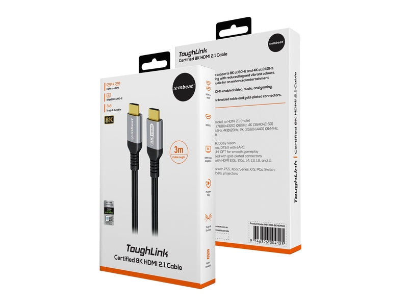 mbeat Tough Link 3m Certified 8K HDMI Cable - Space Grey