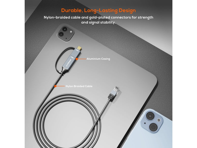 Mbeat ToughLink 2m USB & USB-C to RJ45 CAT6 Ethernet Cable - Space Grey