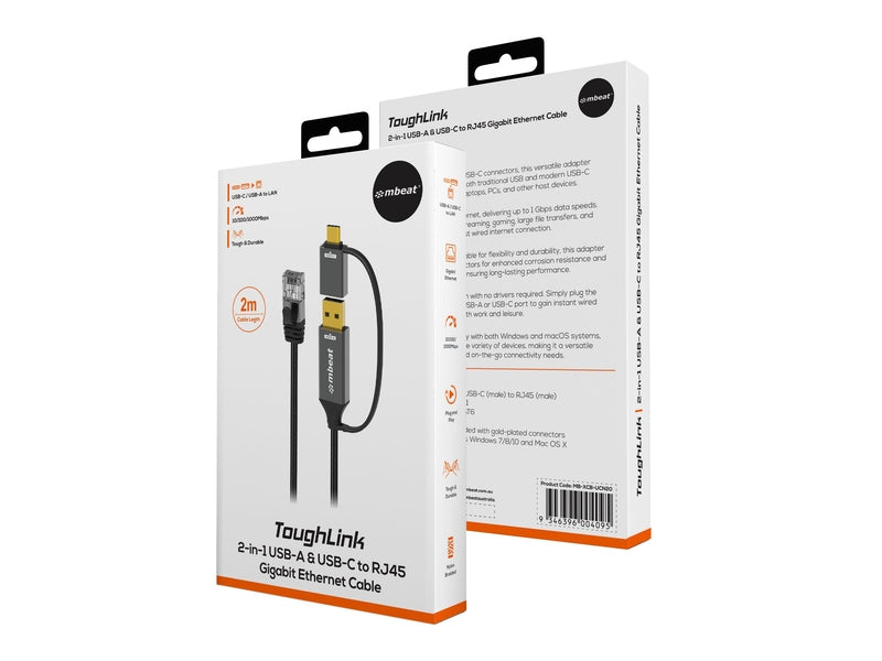 Mbeat ToughLink 2m USB & USB-C to RJ45 CAT6 Ethernet Cable - Space Grey
