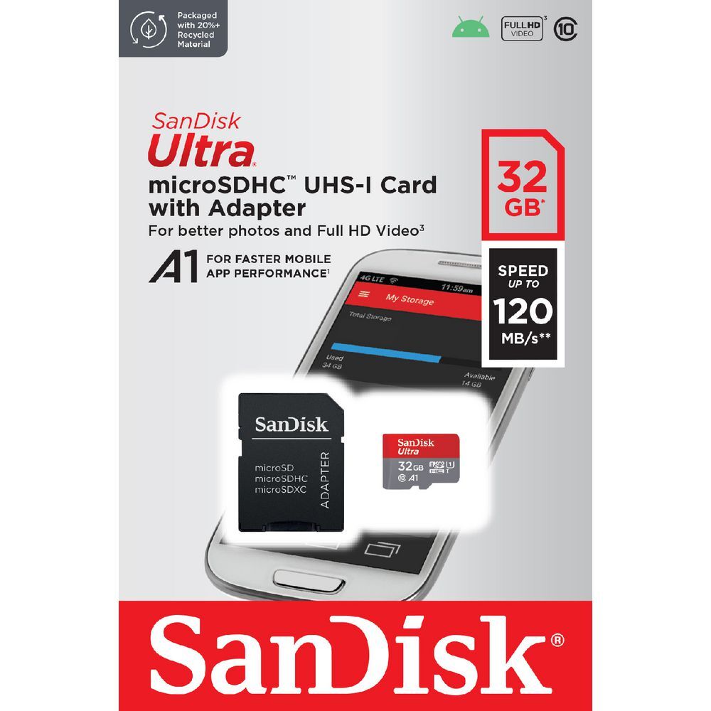 SanDisk Ultra 32GB microSD SDHC SDXC UHS-I Memory Card 120MB/s Full HD Class 10 Speed Google Play Store App for Android Smartphone Tablet >16GB