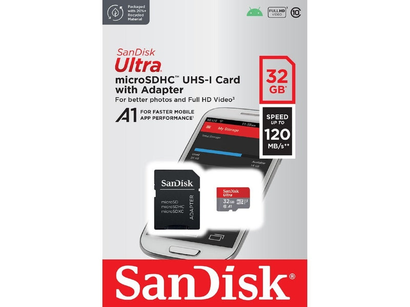 SanDisk 32GB Ultra microSD SDHC SDXC UHS-I Memory Card 120MB/s Full HD Class 10 Speed Google Play Store App for Android Smartphone Tablet