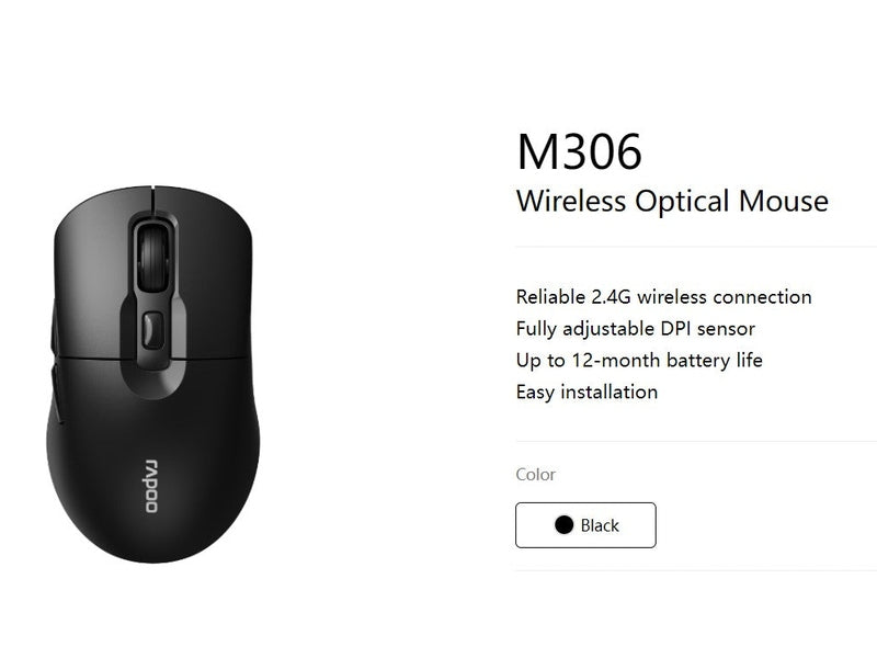 RAPOO M306 2.4 Wireless Optical Mice with Side FWD and Back Buttons. 12 Months Long Battery Life, Easy Installation. Adjustable DPI 3200. Office Mice.