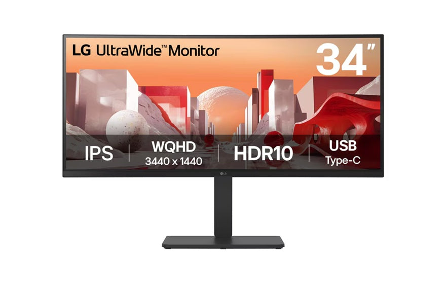 LG 34BA75QE-B 34" UWQHD IPS Curved Monitor with HDR10, sRGB 99%, USB-C PD 90W, RJ45, built-in speakers, and tilt/height/swivel adjustable stand