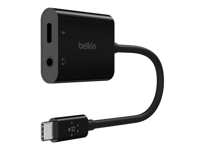 Belkin RockStar 3.5mm Audio + USB-C PD Charge Adapter - Black NPA004btBK , 60W PD, Superior Audio, 2-in1 Solution, Apple iPhone, 2YR