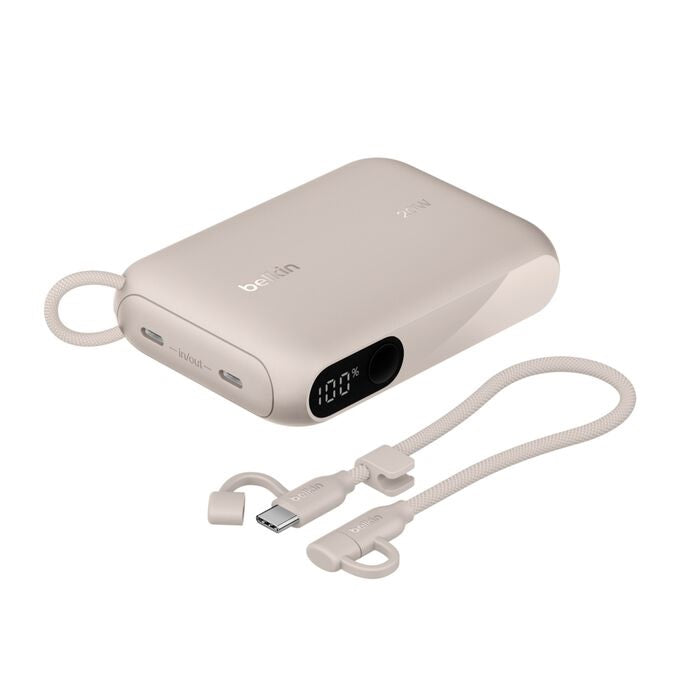 Belkin BoostCharge 10K mAh Power Bank with Display w/ Integrated USB-C Cable 60W(15cm)- Sand(BPB027fqSD), 2xUSB-C(20W), $2500 CEW, 2YR