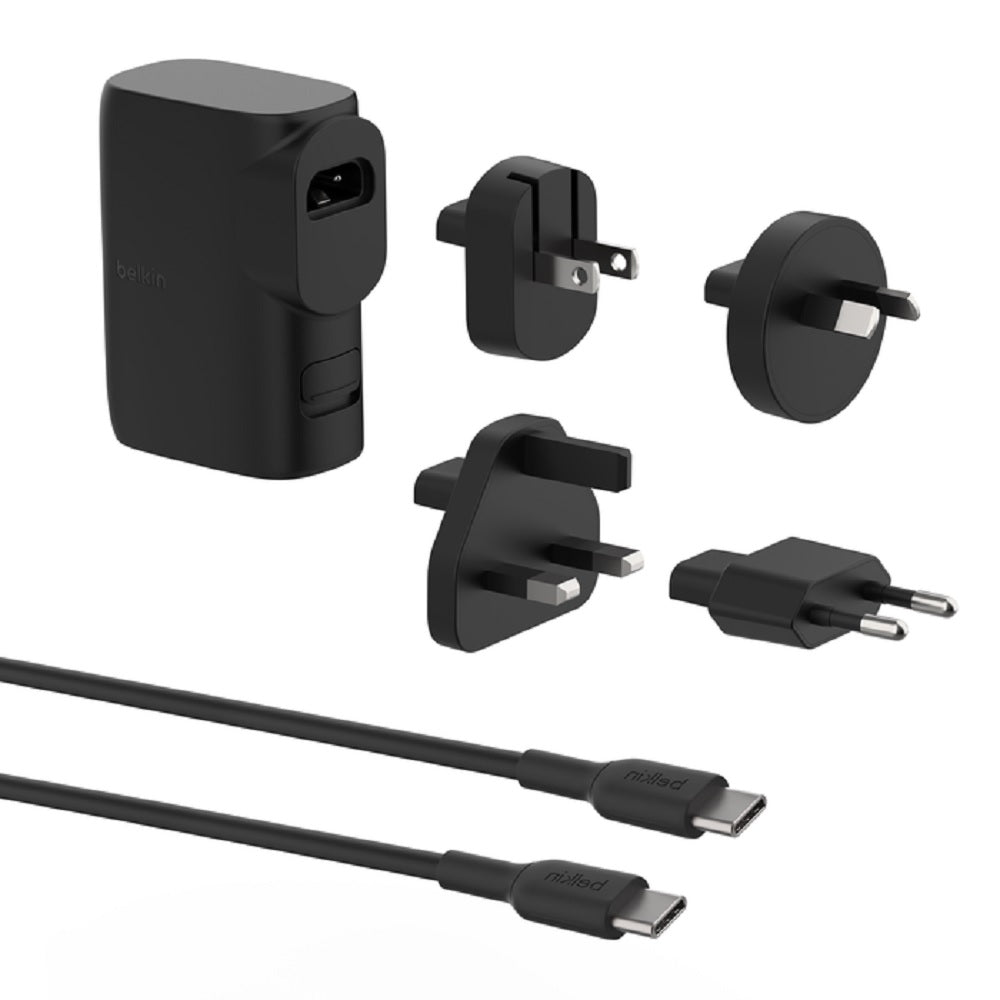 Belkin BoostCharge Hybrid PD 3.0 25W Dual Wall Charger + 5K mAh Power Bank + Travel Adapter Kit +USB-C Cable- Black(BPZ003bt1MBK-B6), 2YR