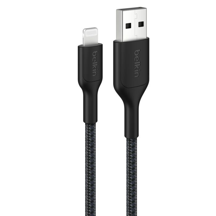 Belkin BoostCharge Pro Braided Lightning to USB-A Cable (1M) - Black (CAA020FQ1MBK), 2.4A/15W, 480Mbps, 350K Bends, MFI-Certified, 2YR