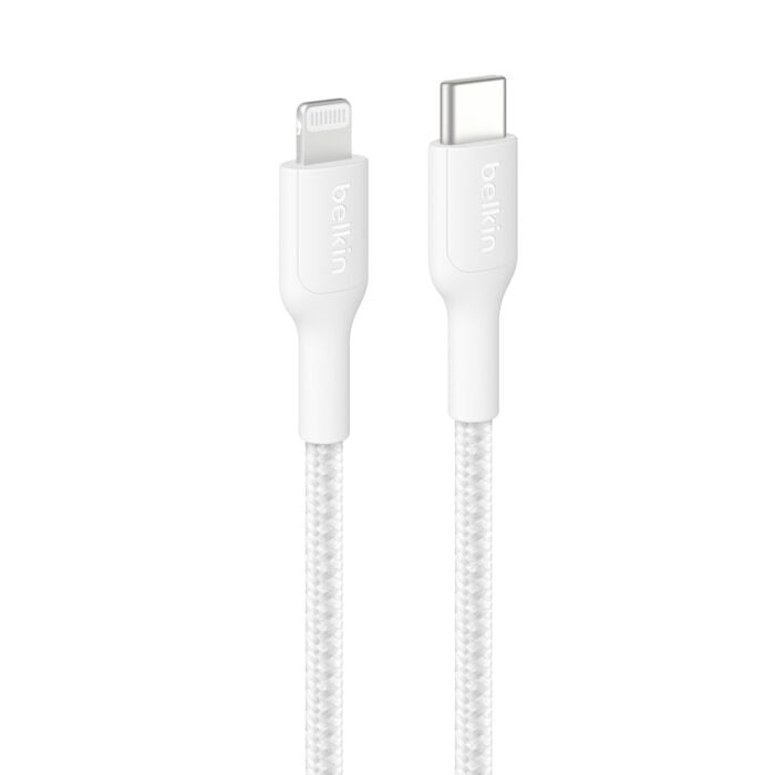 Belkin BoostCharge Pro Braided Lightning to USB-C Cable (2M) - White (CAA022fq2MWH), 3A/15W, 480Mbps, 350K+ Bends, Apple, MFI-Certified, 2YR