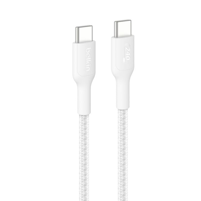 Belkin BoostCharge Pro Braided USB-C to USB-C Cable (1M) - White (CAB025fq1MWH), 5A/240W, 480Mbps, 350K+ Bend, USB-IF Certified, 2YR