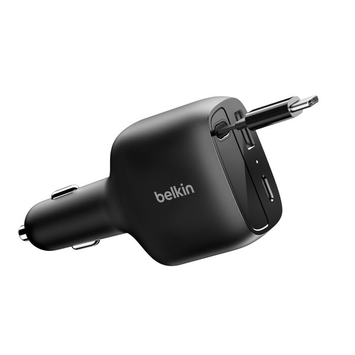 Belkin BoostCharge 75W Retractable Car Charger - Black (CCC001fqBK), Retractable Cable (75CM), 1x USB-A, 1x USB-C, $2500 CEW, 2YR