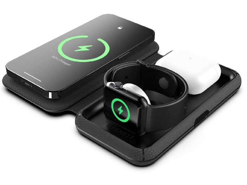 Cygnett MagTravel 15W 3-in-1 Wireless Charger - BlacK CY4530WIRDE ,MagSafe & Qi2 Compatible,1M USB-C Cable, Perfect for Travel, 2 Years Warranty