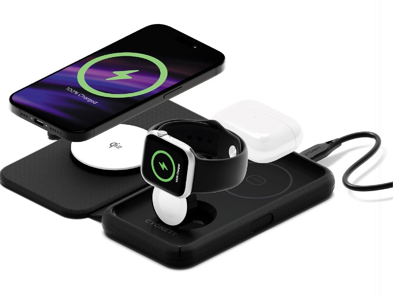 Cygnett MagTravel Qi2.0 2-in-1 Wireless Charger - Black CY5138WIRDE , 1.2M USB-C Cable,15W, Compact and lightweight, 2 Years Warranty