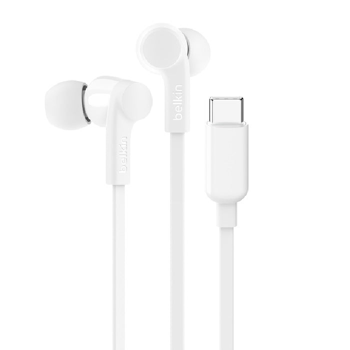 Belkin SoundForm USB-C Wired Earbuds With Adjustable Volume Limiter -White(G3H0002fqPKV2), IPX5-Rated, 10mm Drivers, Built-in Microphone, 2YR